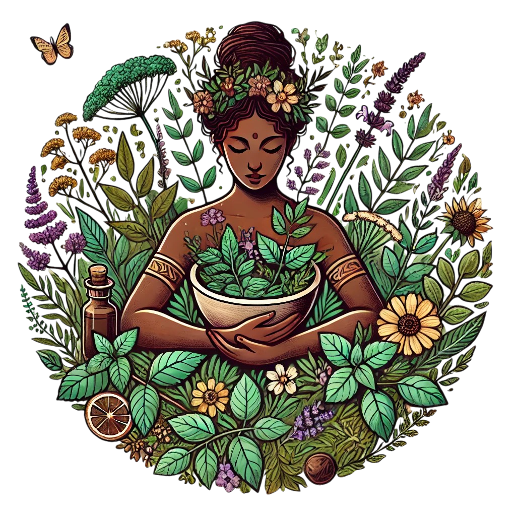 Image of Gaia surrounded by herbs, flowers, and holding a wooden bowl filled with herbs.