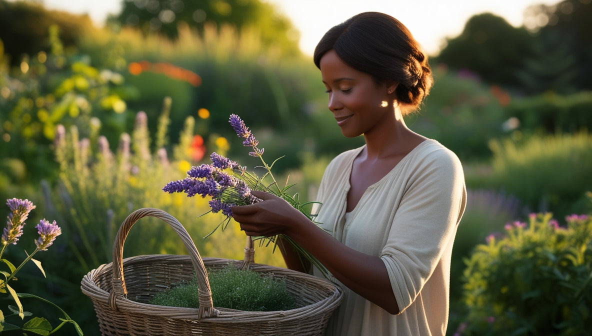 Clinical herbalist harvesting organic flowers at peak bloom in Arkansas garden for flower essences