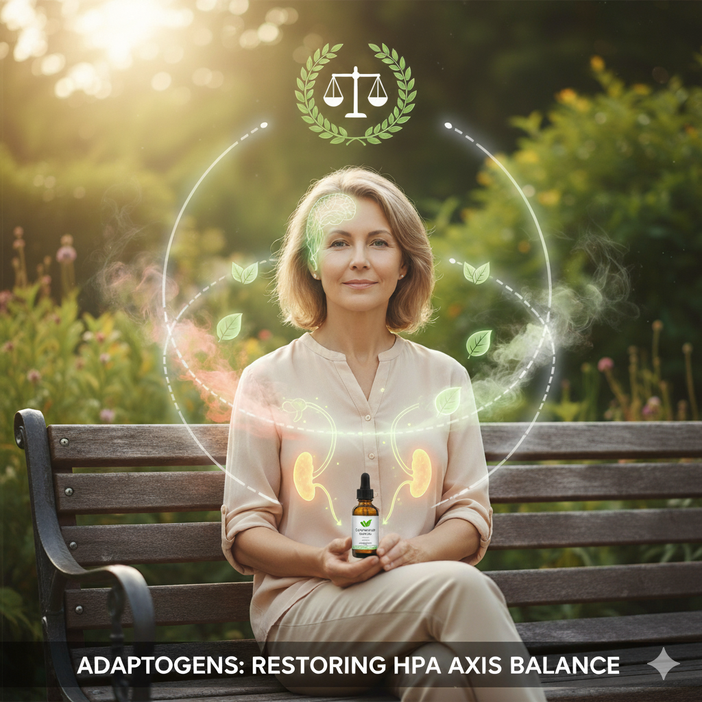 Diagram showing HPA axis under chronic stress and adaptogen restoration pathway