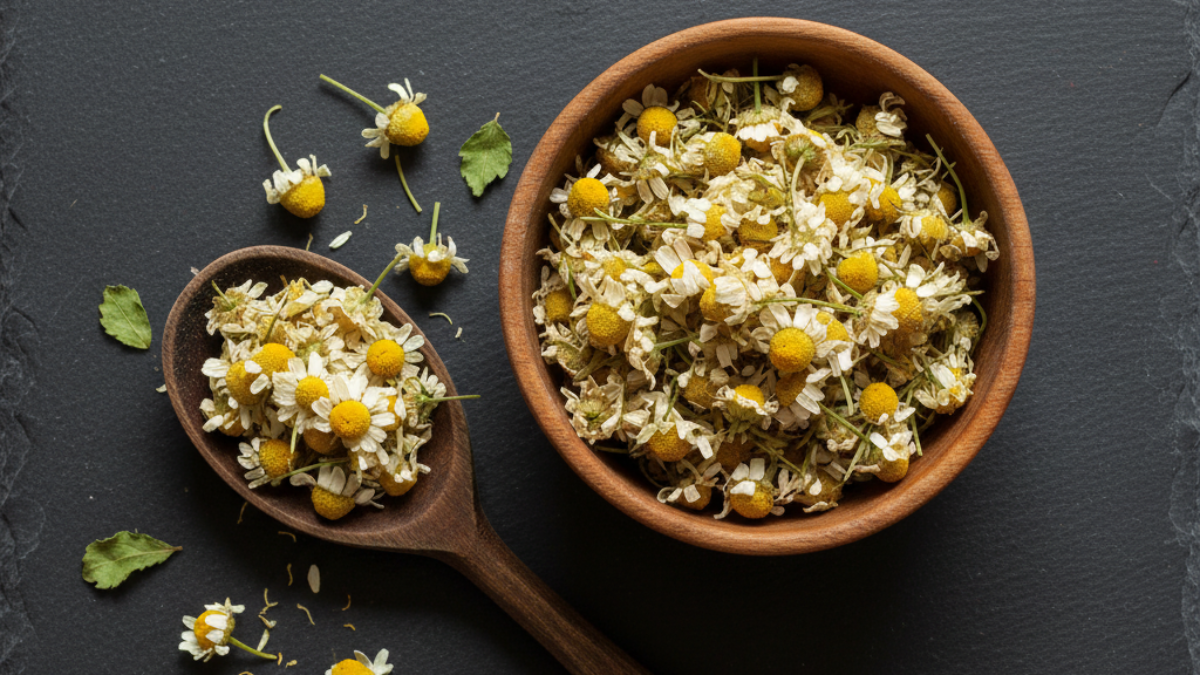 Bowl of dried chamomile flowers used in organic tea that is good for your gut
