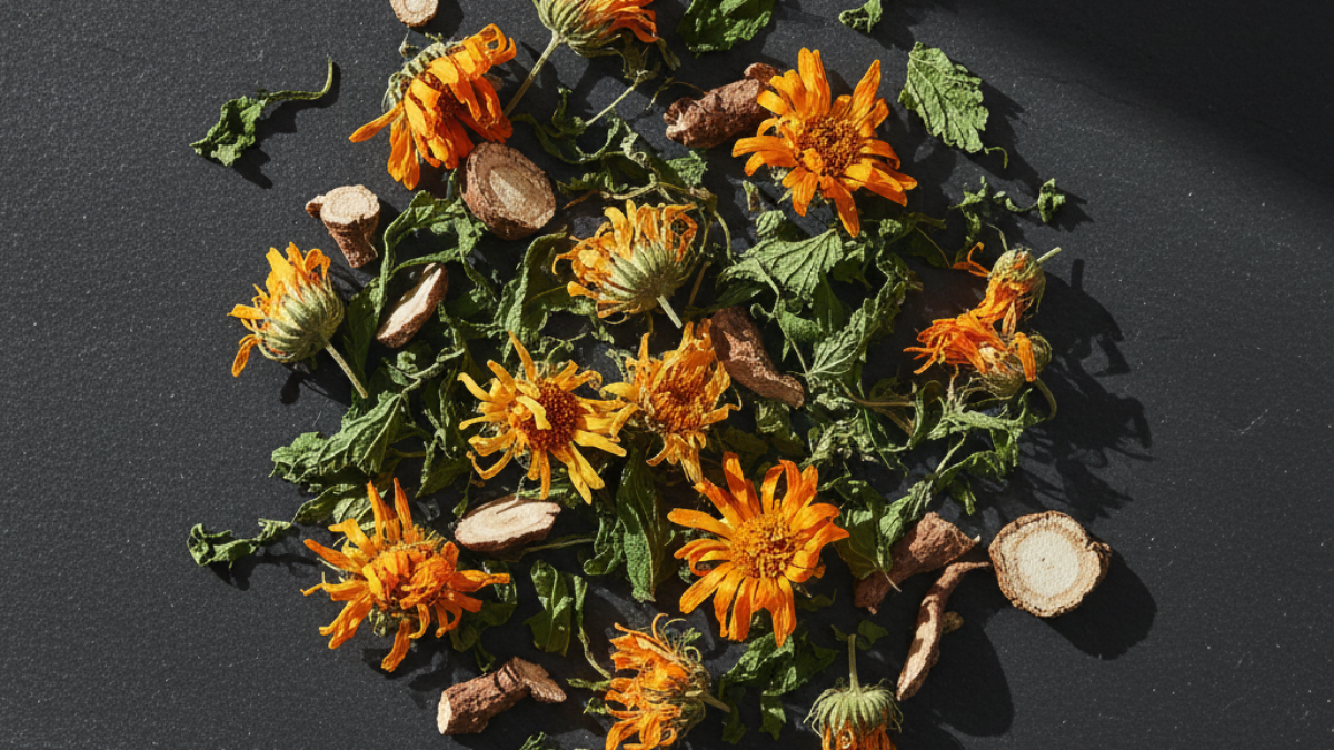 Dried organic skin-healing herbs like calendula, nettle, and burdock root used in tea that is good for your skin
