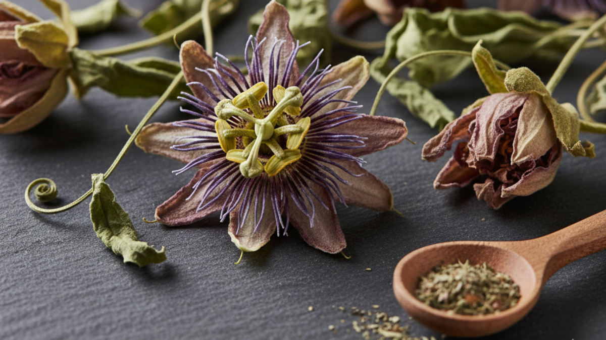 Dried passionflower herb used in tea that is good for your sleep