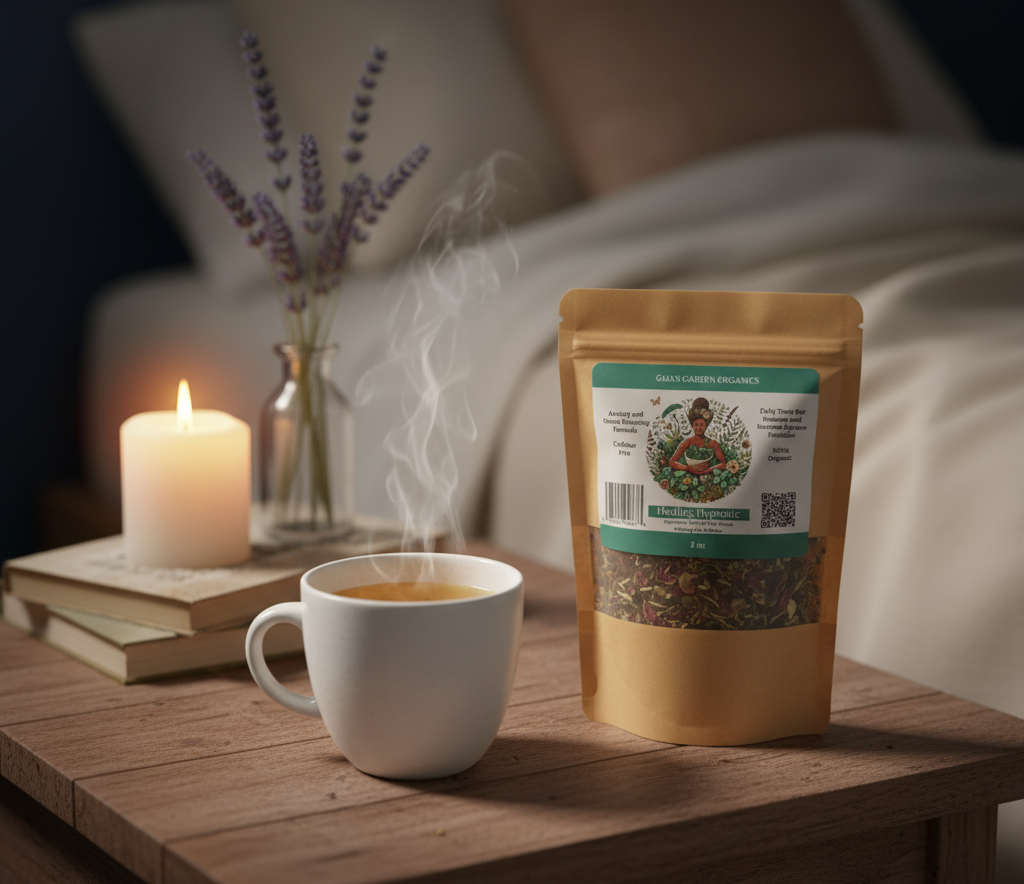 Gaia's Garden Organics sleep tea collection packaging