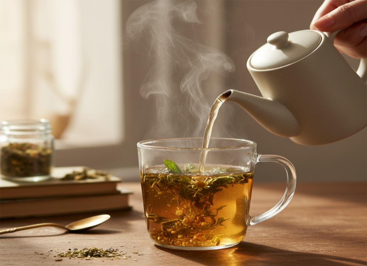 Organic herbal tea that is good for your gut being poured into clear glass mug