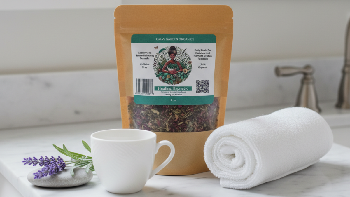 Gaia's Garden Organics Healing Hypnotic tea in spa lifestyle setting showing tea that is good for your skin