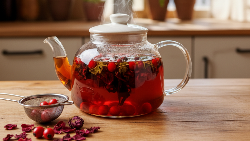 How to brew tea that is good for you showing covered teapot steeping Happy Heart Tea for maximum therapeutic benefit