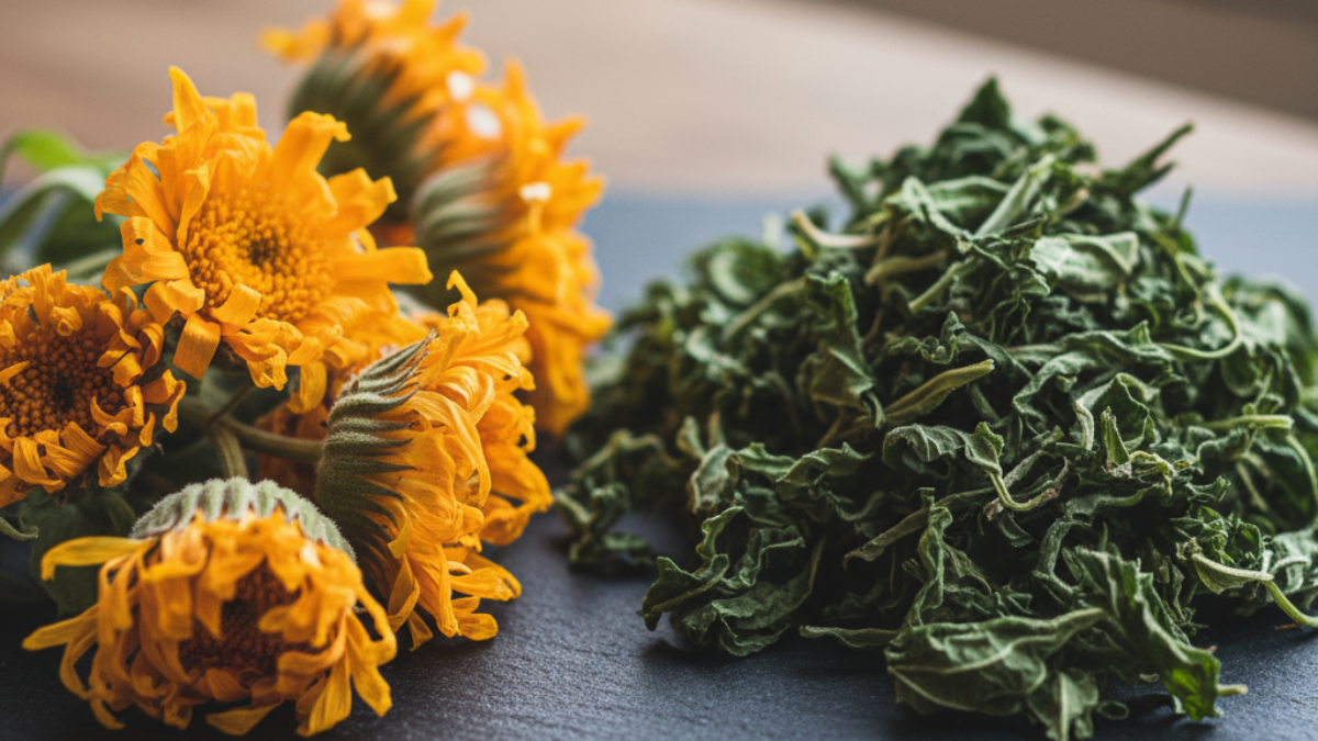 Close-up of vibrant dried calendula flowers and nutrient-rich dried nettle leaf used in tea that is good for your skin