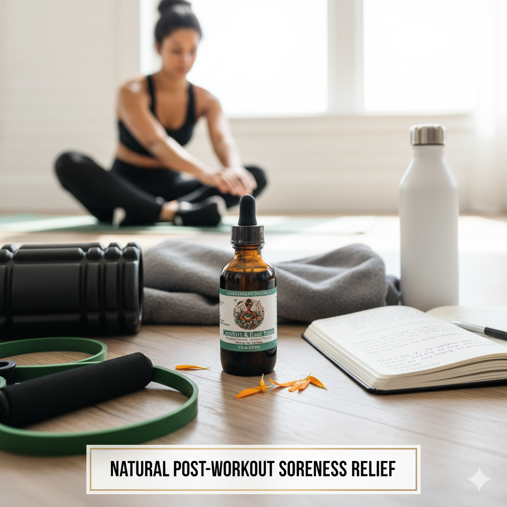 Comfort & Ease Tonic product bottle with athletic recovery setup showing natural pain management for soreness after workout