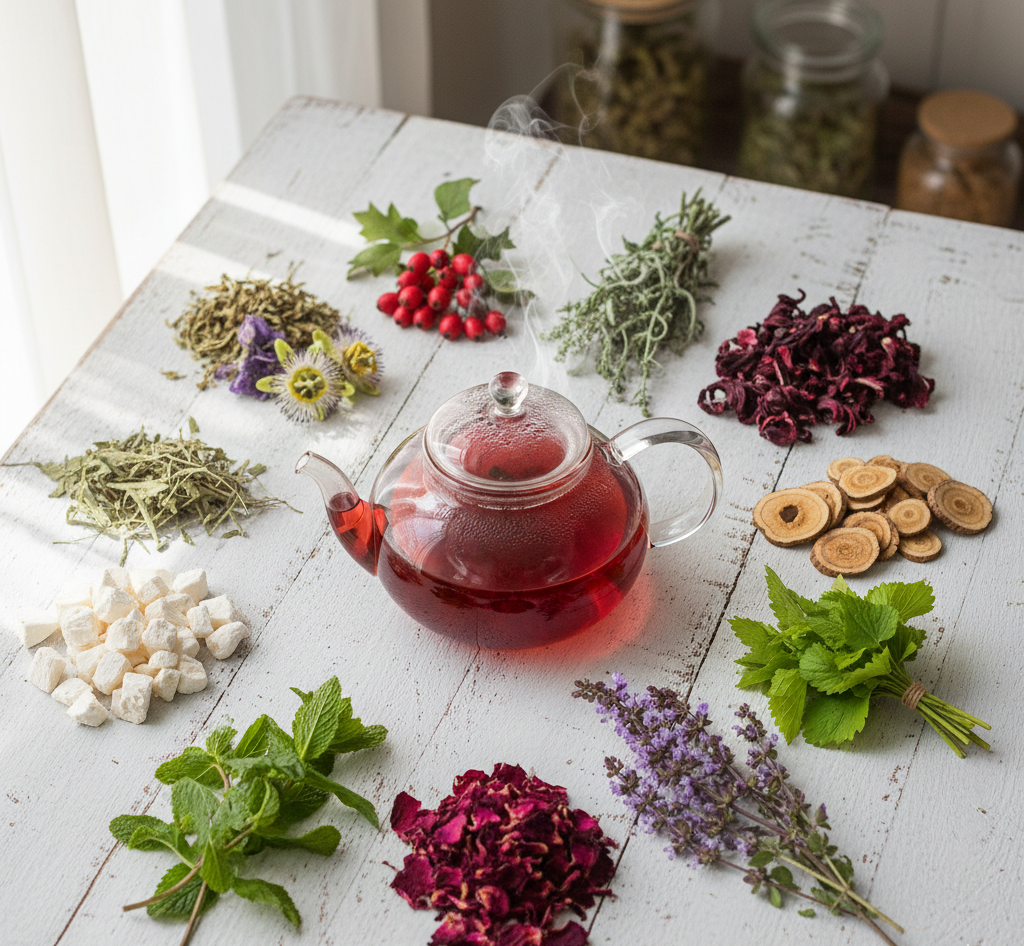 Eleven organic herbs in Happy Heart Tea including hawthorn hibiscus rose motherwort and tulsi for cardiovascular health