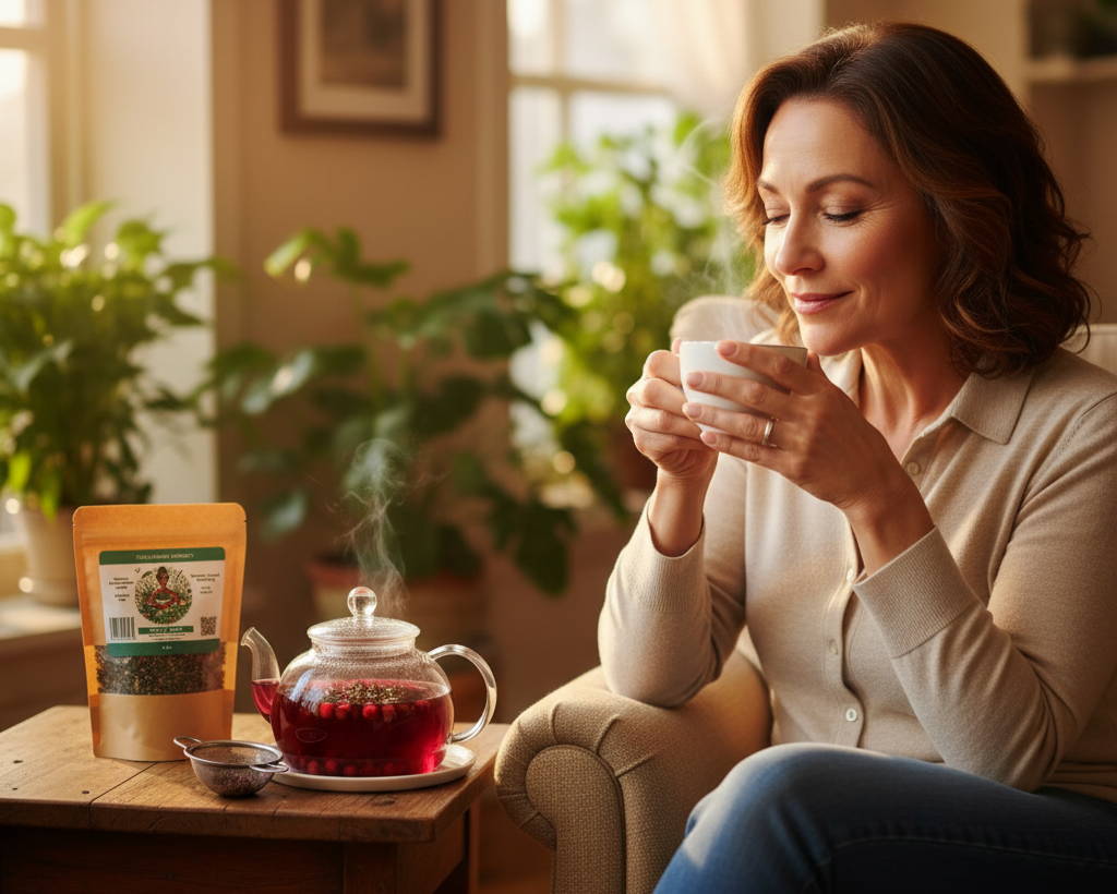 Woman enjoying tea that is good for you with Happy Heart Tea as part of daily heart health ritual