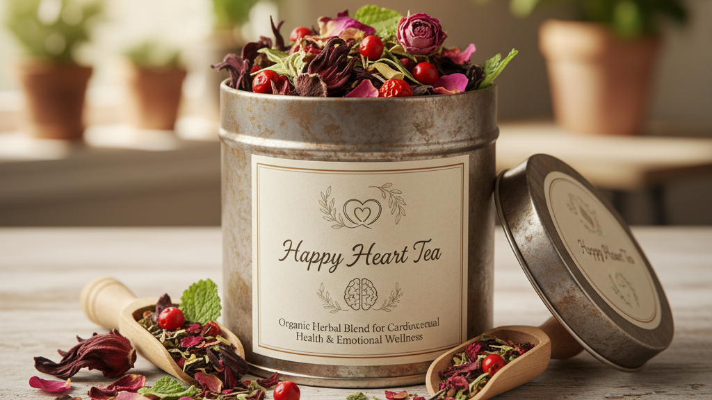 Happy Heart Tea tin with loose leaf organic herbs tea that is good for you for heart health and emotional wellness