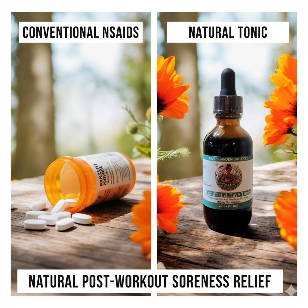 Comparison of NSAID pills versus Comfort & Ease Tonic bottle showing natural pain management alternative for soreness after workout