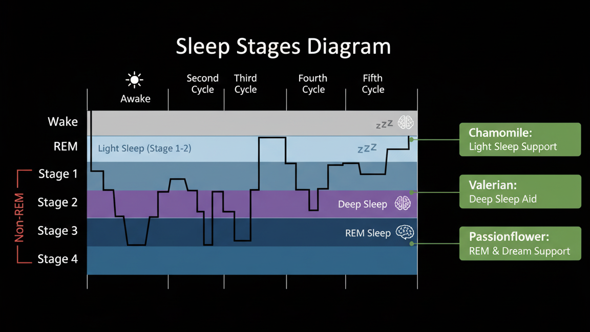 Graphic showing stages of sleep cycle and how tea that is good for your sleep supports deep rest