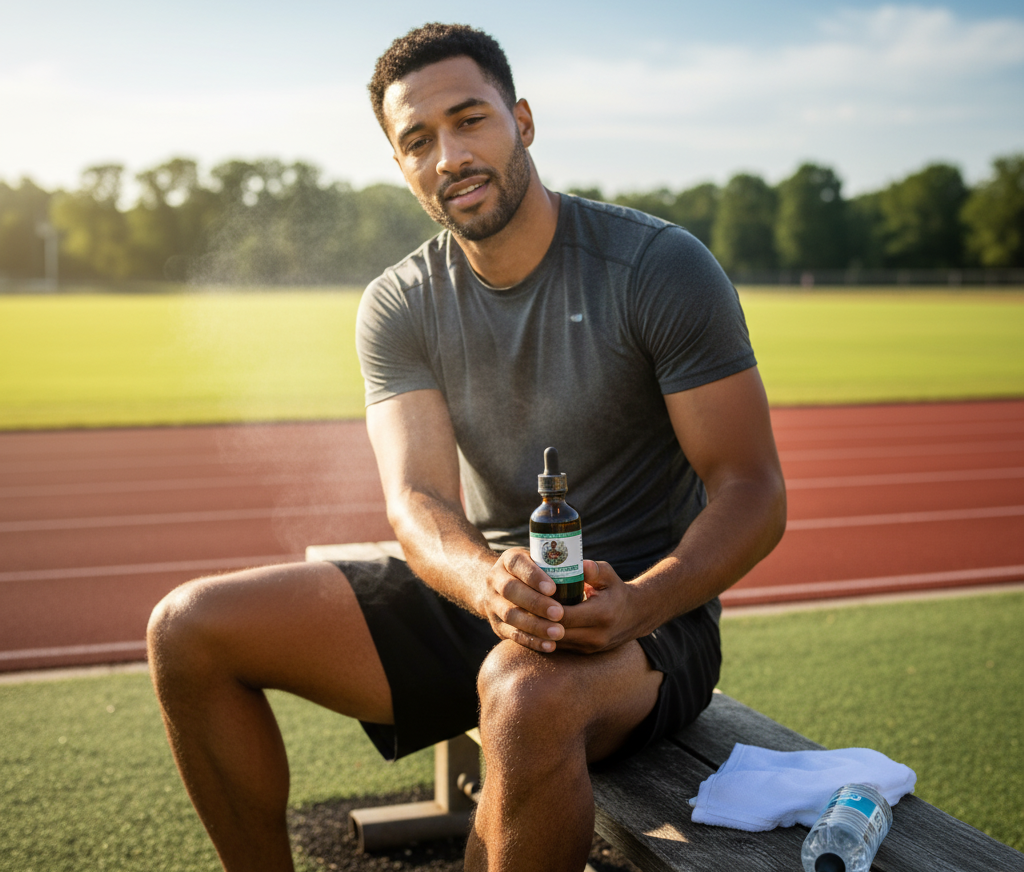 Athlete experiencing soreness after workout holding Comfort & Ease Tonic for natural pain management