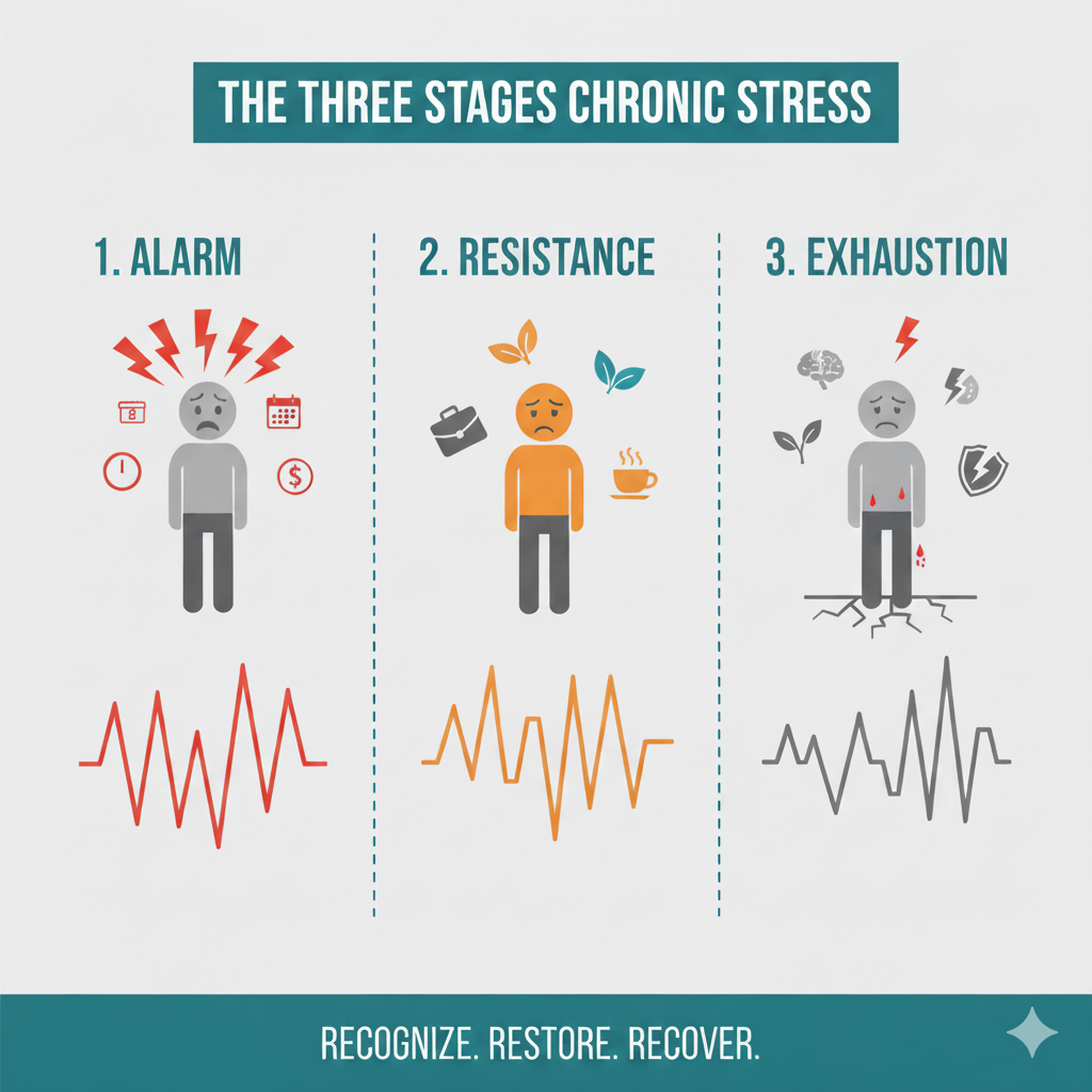 Visual showing the three stages of chronic stress from alarm to exhaustion